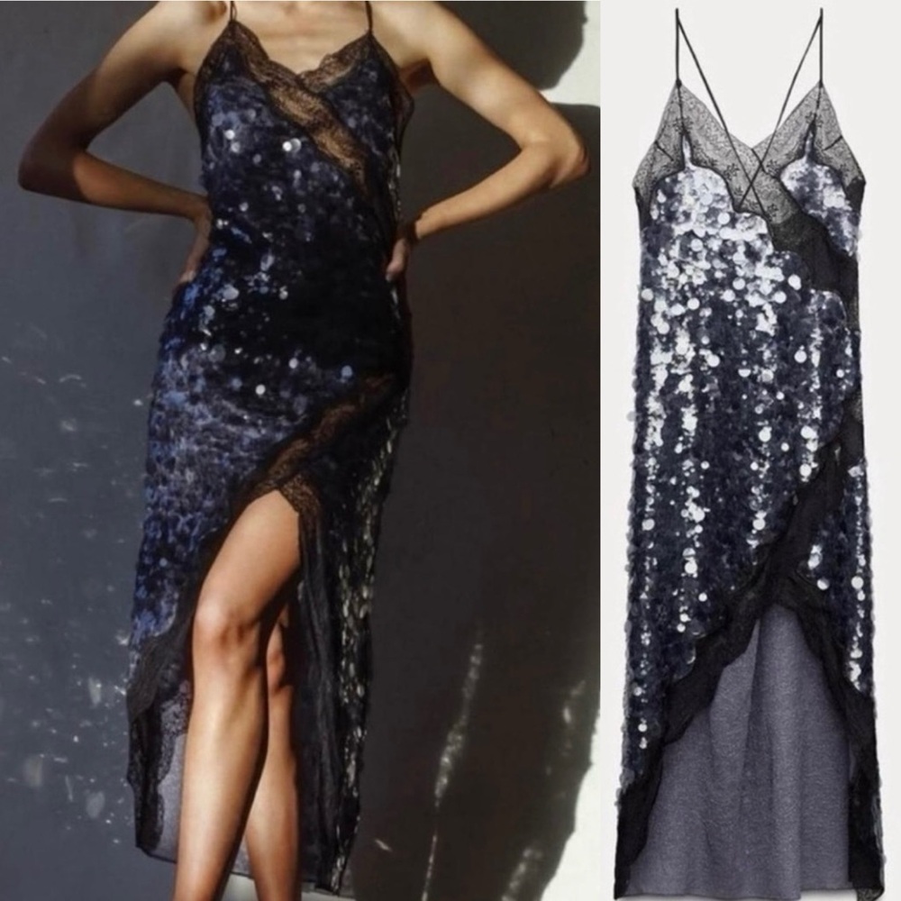 ZARA ZW Collection Lace Sequin Asymmetric Midi Slip Dress Navy Black Large NWOT